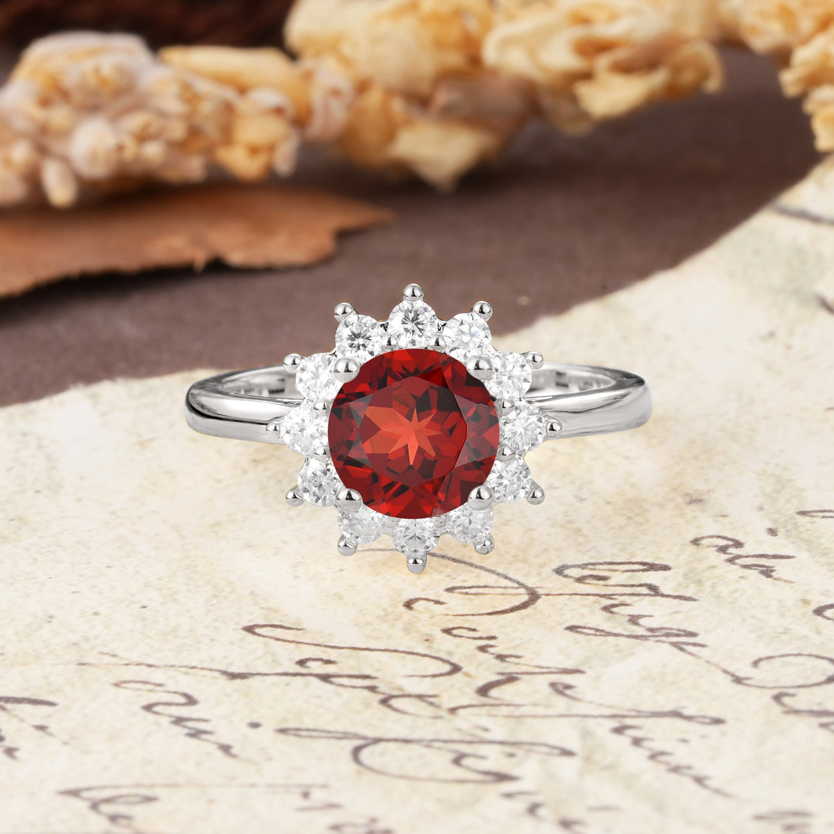 Dainty Vintage Script Background Sun Halo Round Cut Garnet Engagement Ring - Additional view
