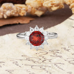 Dainty Vintage Script Background Sun Halo Round Cut Garnet Engagement Ring - Additional view