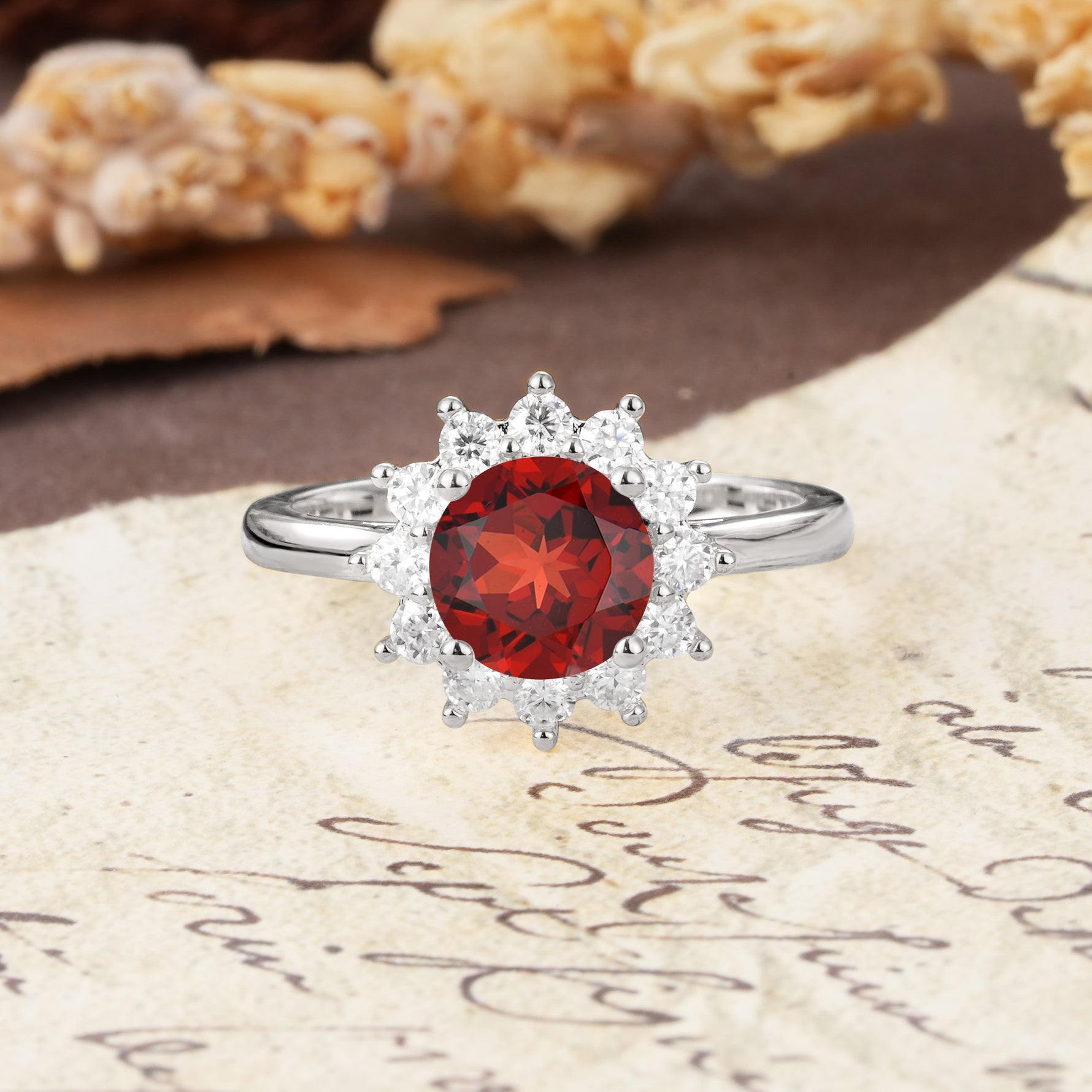Dainty Vintage Script Background Sun Halo Round Cut Garnet Engagement Ring - Additional view