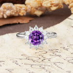 Dainty Vintage Script Background Sun Halo Round Cut Amethyst Engagement Ring - Additional view