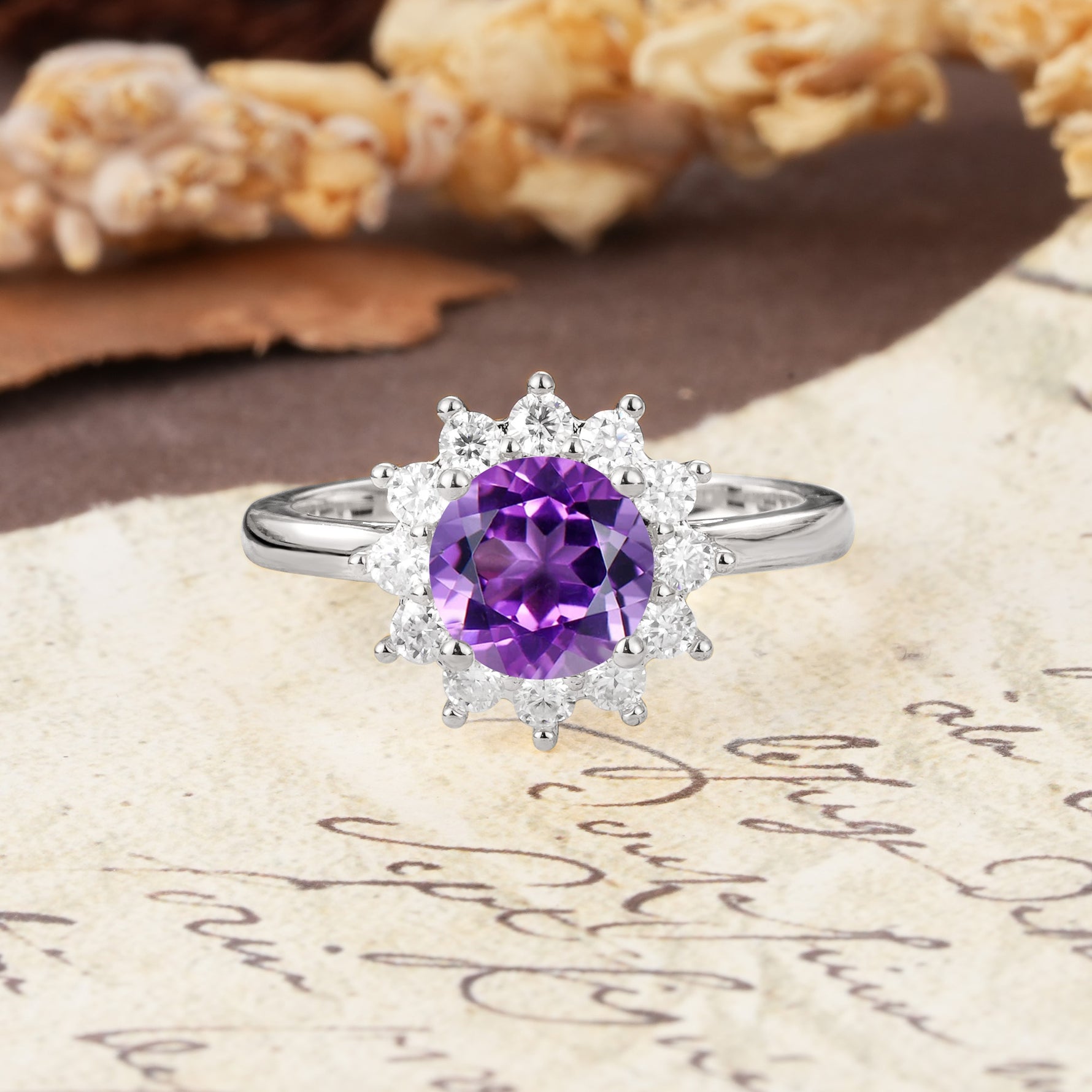 Dainty Vintage Script Background Sun Halo Round Cut Amethyst Engagement Ring - Additional view