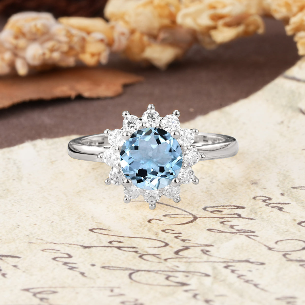 Dainty Vintage Script Background Sun Halo Round Cut Aquamarine Engagement Ring - Additional view