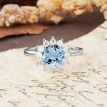 Dainty Vintage Script Background Sun Halo Round Cut Aquamarine Engagement Ring - Additional view