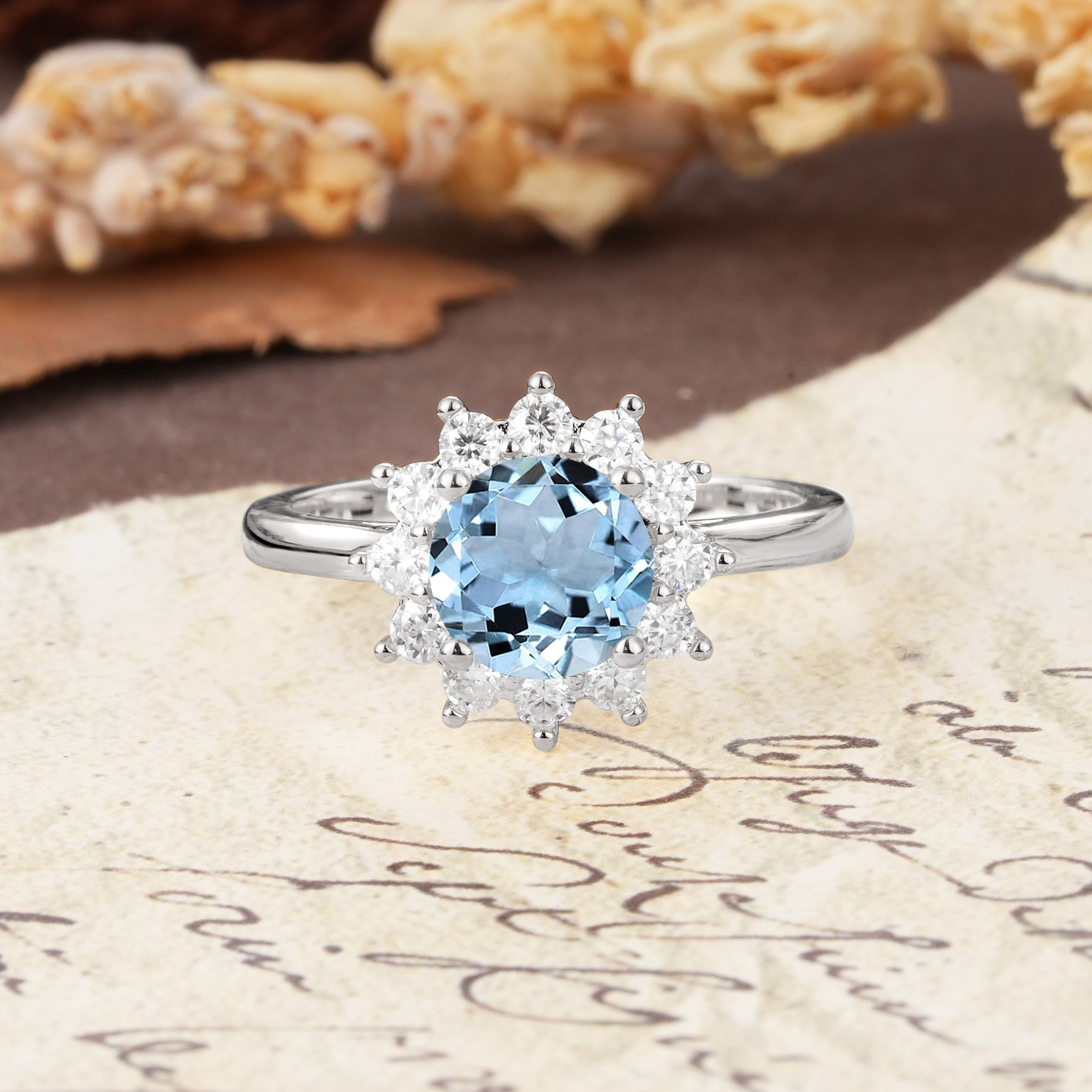Dainty Vintage Script Background Sun Halo Round Cut Aquamarine Engagement Ring - Additional view