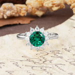 Dainty Vintage Script Background Sun Halo Round Cut Emerald Engagement Ring - Additional view