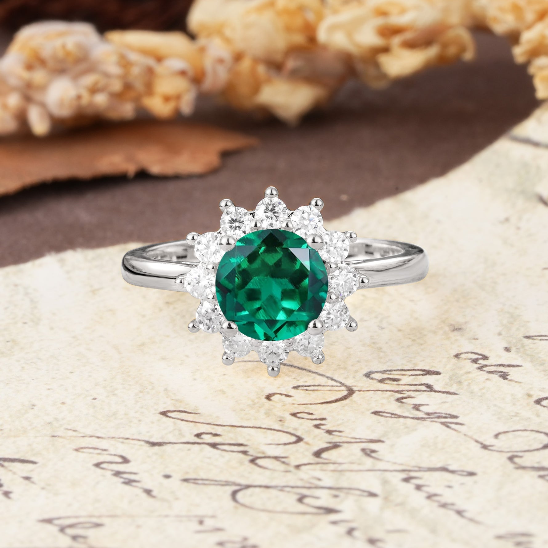 Dainty Vintage Script Background Sun Halo Round Cut Emerald Engagement Ring - Additional view