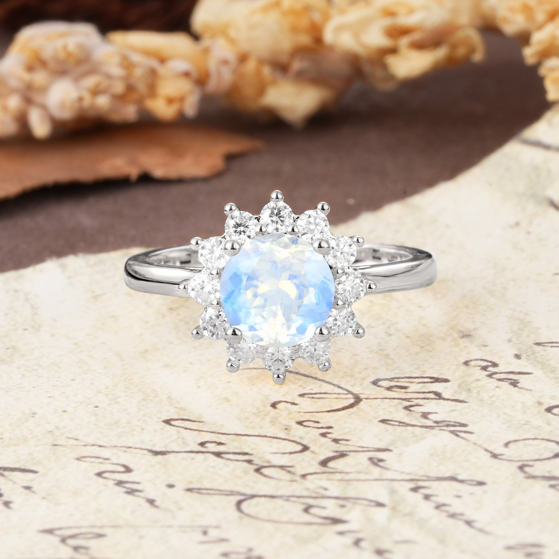 Dainty Vintage Script Background Sun Halo Round Cut Moonstone Engagement Ring - Additional view