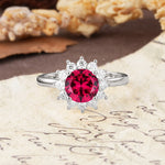 Dainty Vintage Script Background Sun Halo Round Cut Ruby Engagement Ring - Additional view