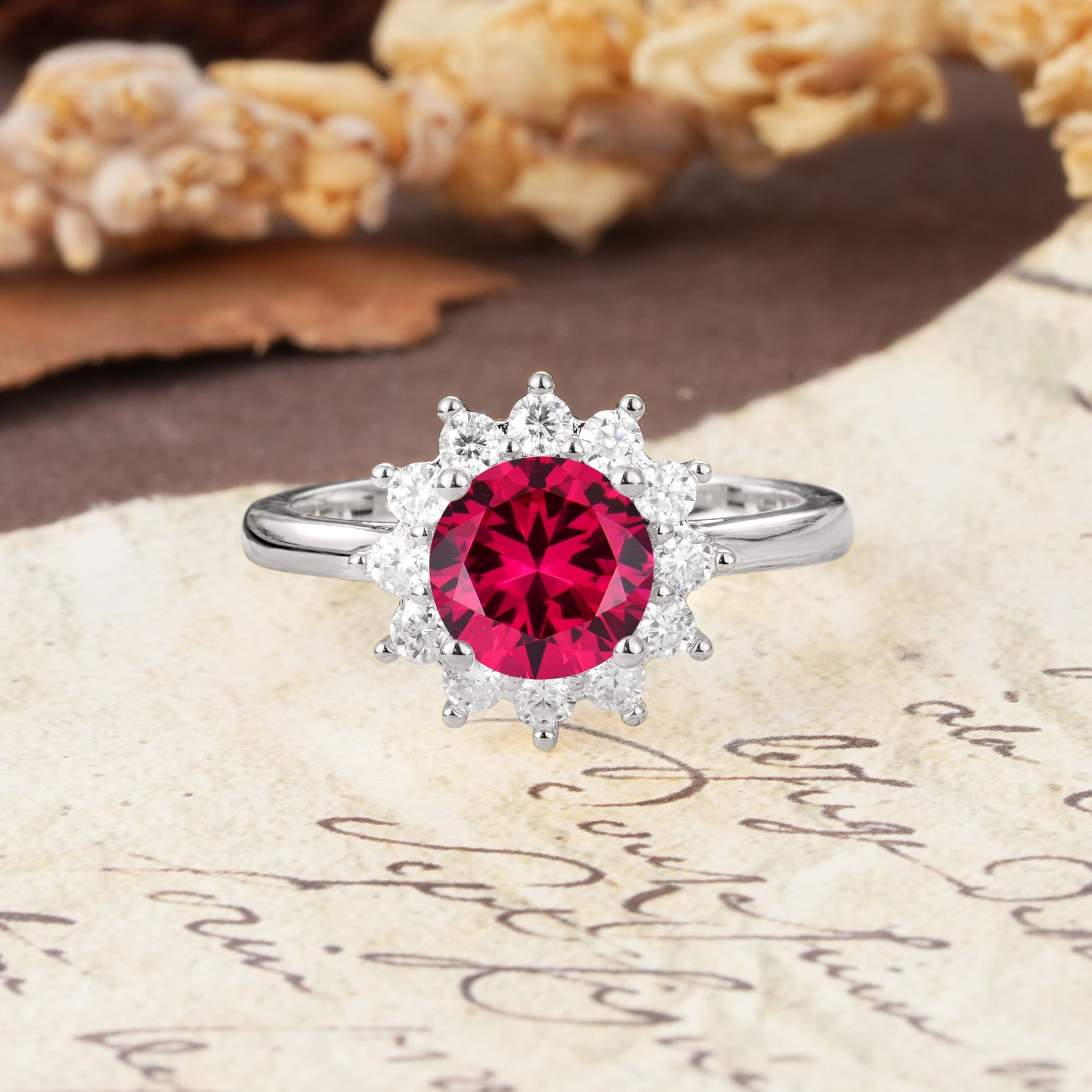 Dainty Vintage Script Background Sun Halo Round Cut Ruby Engagement Ring - Additional view