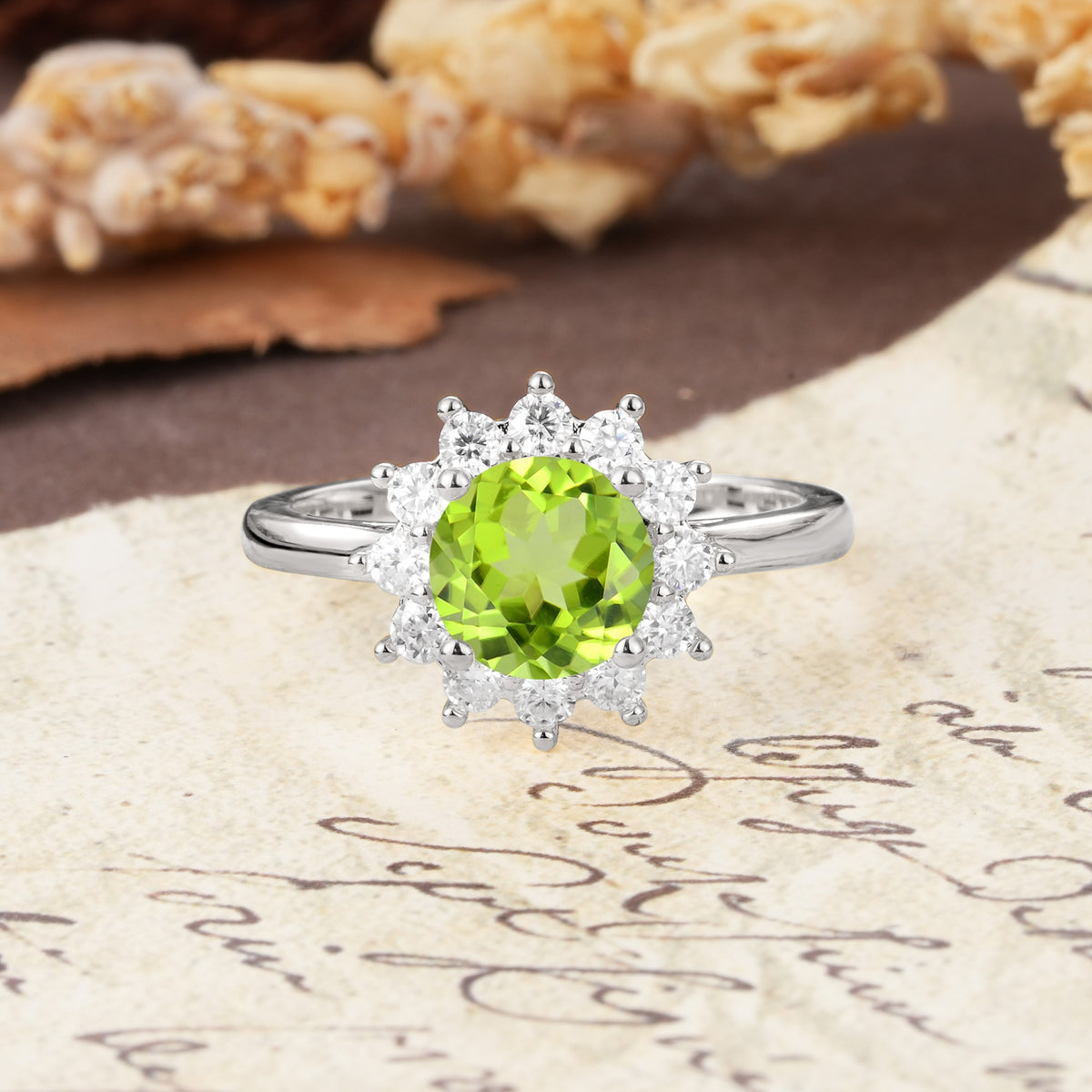 Dainty Vintage Script Background Sun Halo Round Cut Peridot Engagement Ring - Additional view