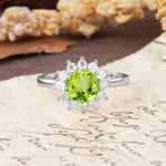 Dainty Vintage Script Background Sun Halo Round Cut Peridot Engagement Ring - Additional view