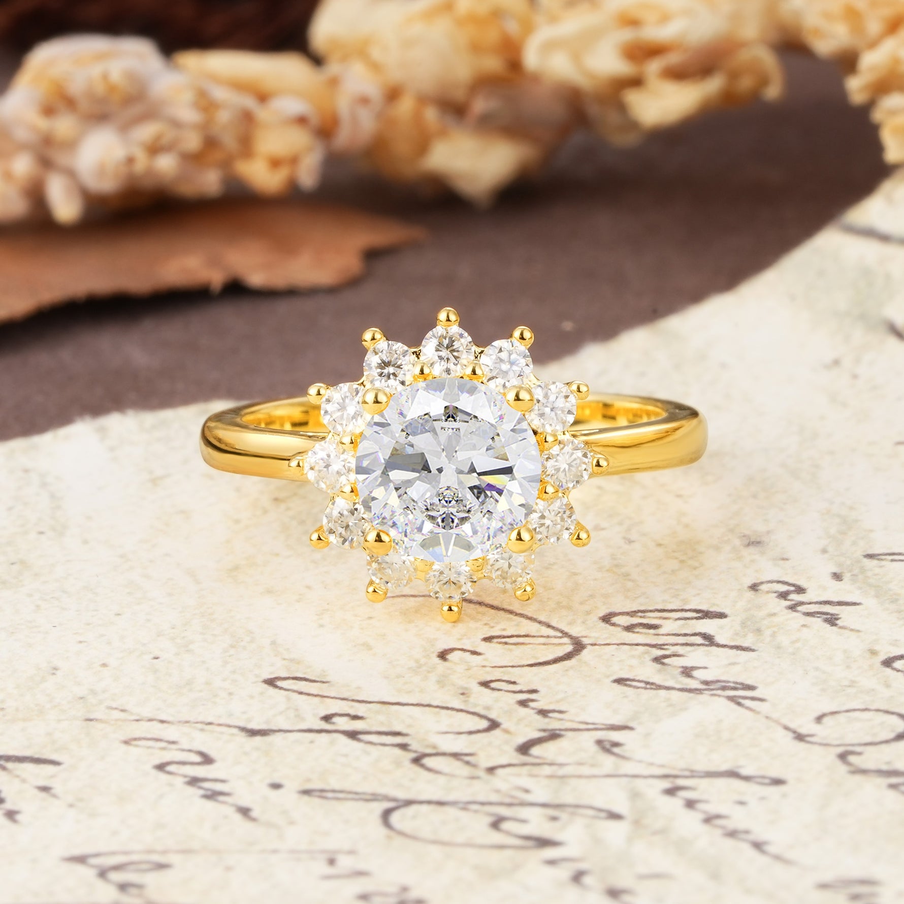 Dainty Vintage Script Background Sun Halo Round Cut Moissanite Engagement Ring - Additional view
