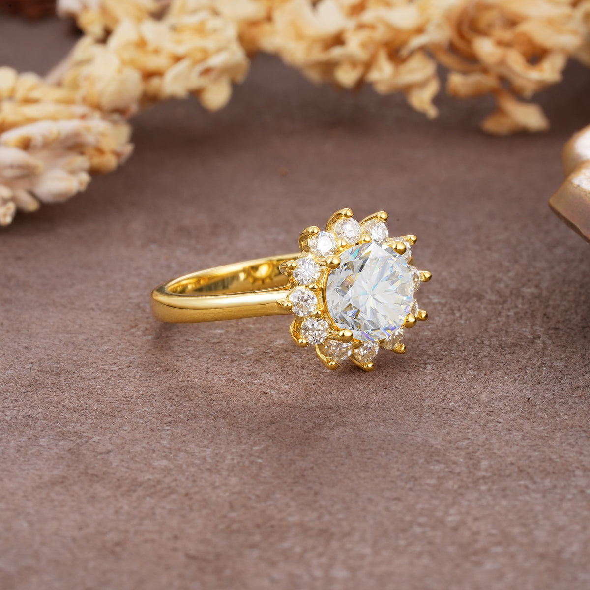 Dainty Vintage Script Background Sun Halo Round Cut Moissanite Engagement Ring - Additional view