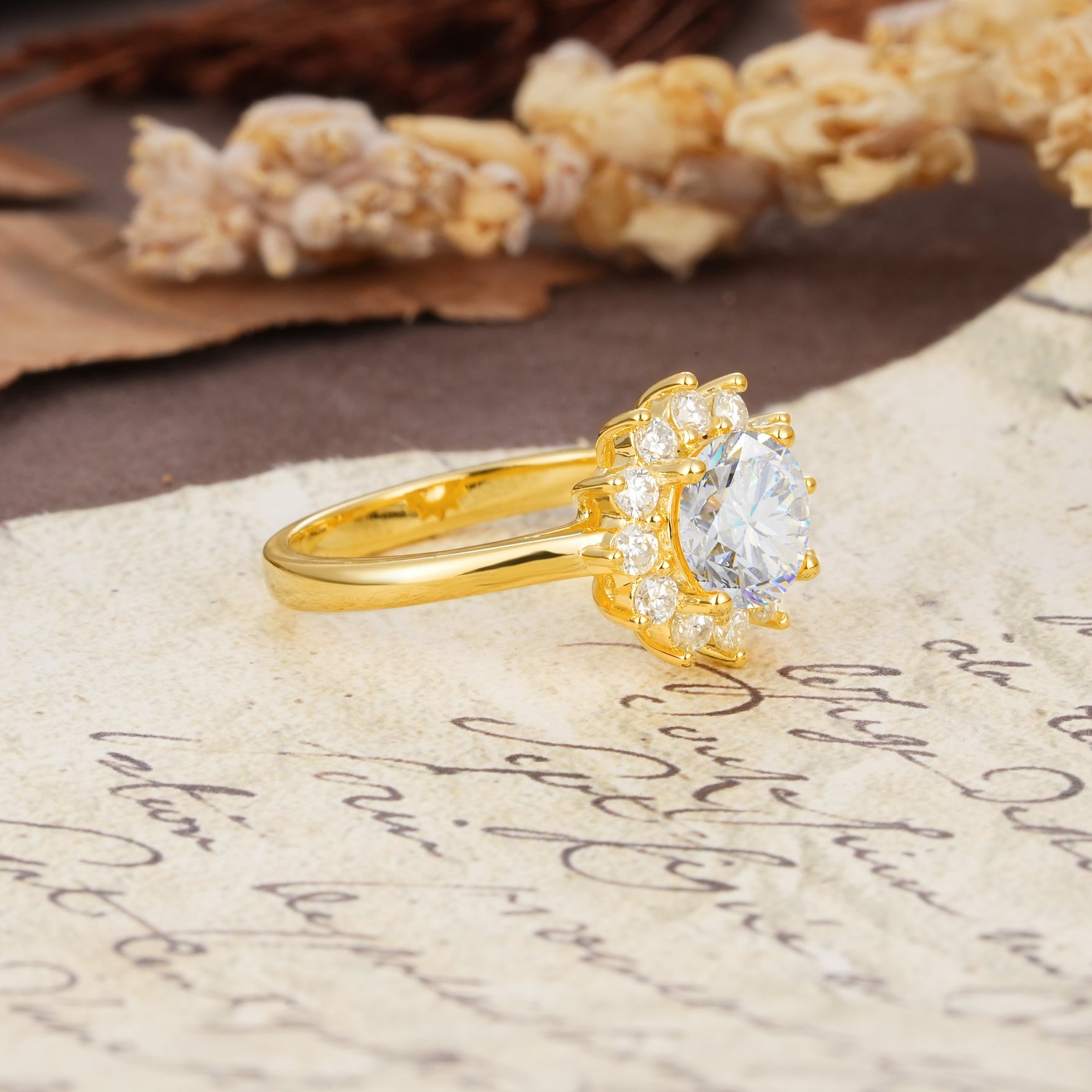 Dainty Vintage Script Background Sun Halo Round Cut Moissanite Engagement Ring - Additional view