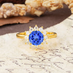 Dainty Vintage Script Background Sun Halo Round Cut Sapphire Engagement Ring - Additional view