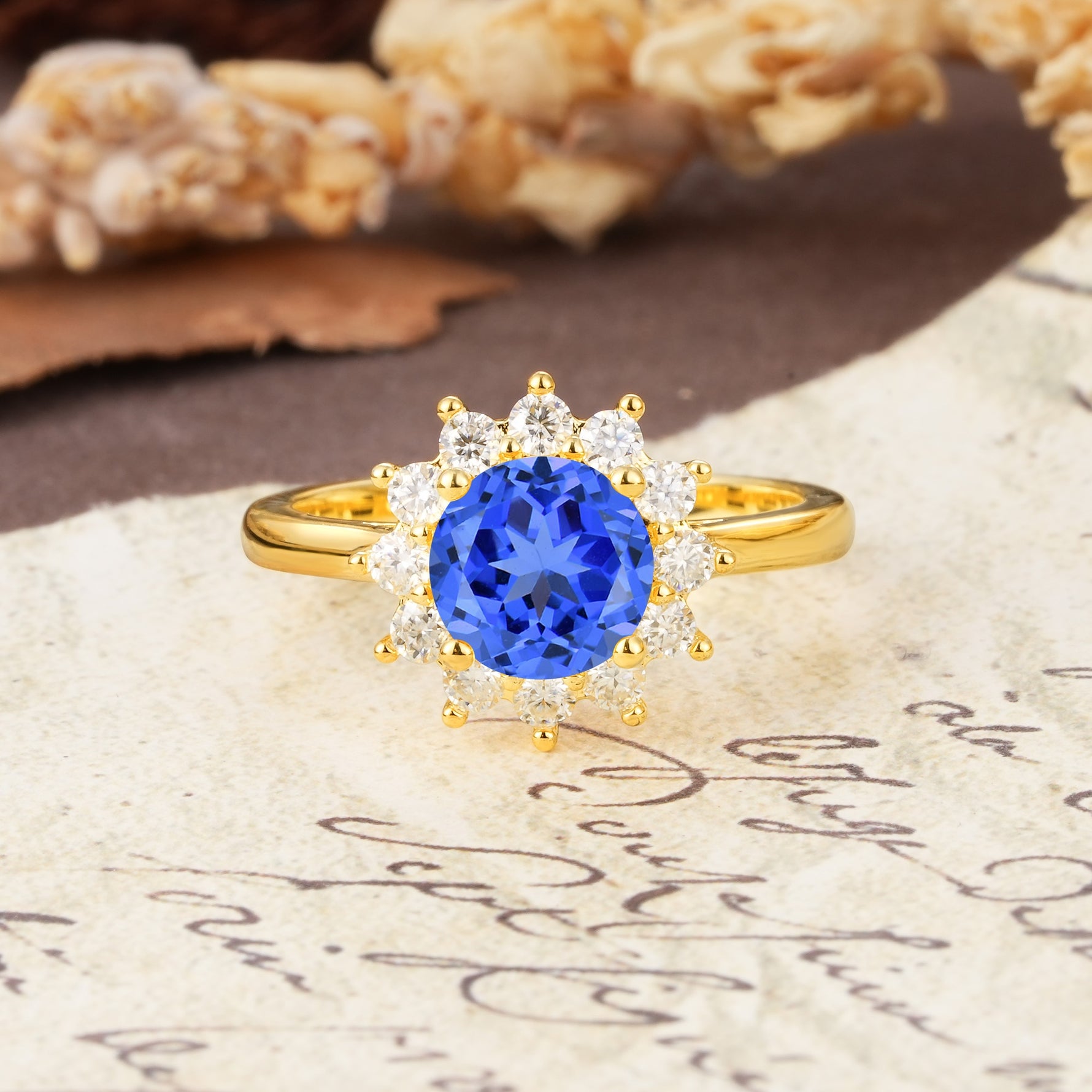 Dainty Vintage Script Background Sun Halo Round Cut Sapphire Engagement Ring - Additional view