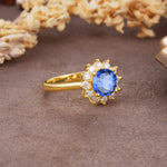 Dainty Vintage Script Background Sun Halo Round Cut Sapphire Engagement Ring - Additional view