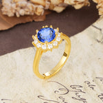 Dainty Vintage Script Background Sun Halo Round Cut Sapphire Engagement Ring - Additional view