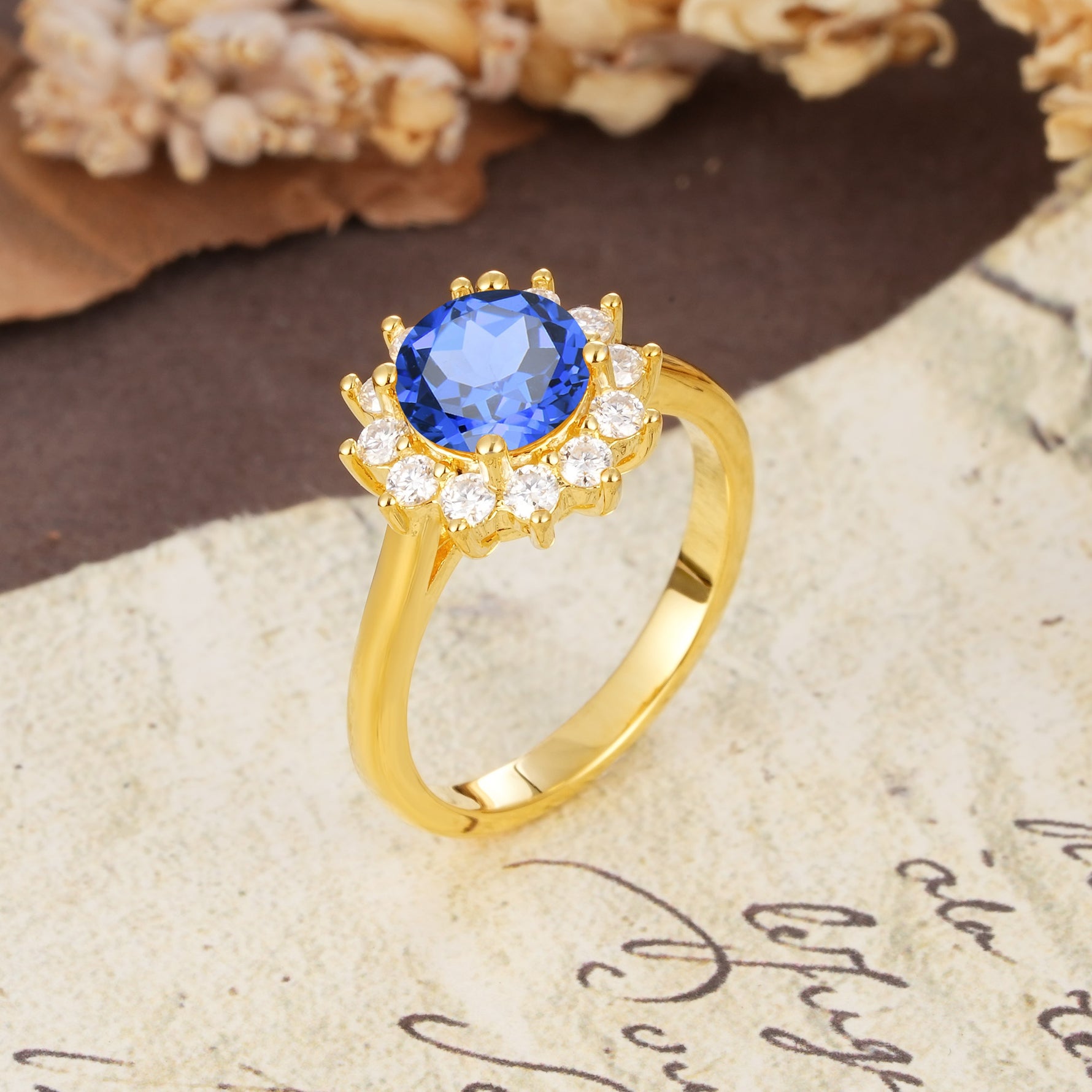 Dainty Vintage Script Background Sun Halo Round Cut Sapphire Engagement Ring - Additional view
