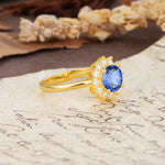 Dainty Vintage Script Background Sun Halo Round Cut Sapphire Engagement Ring - Additional view