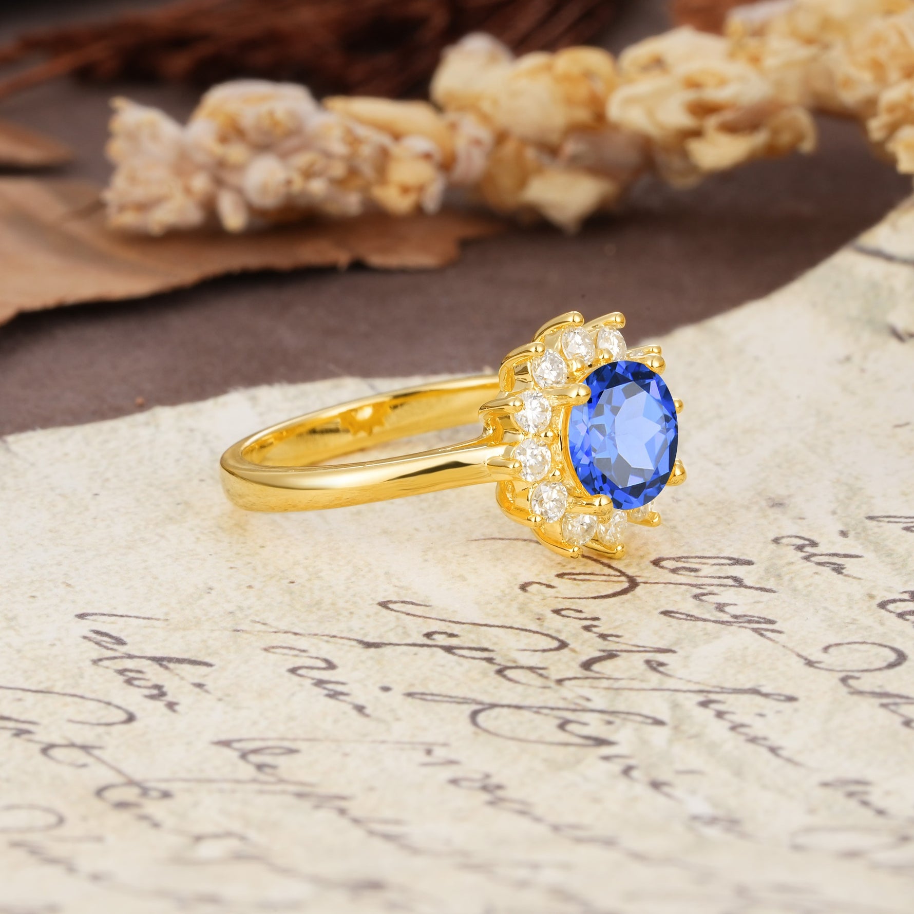 Dainty Vintage Script Background Sun Halo Round Cut Sapphire Engagement Ring - Additional view