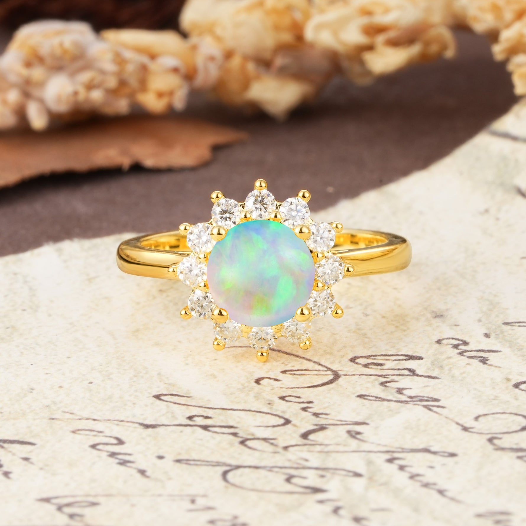 Dainty Vintage Script Background Sun Halo Round Cut Fire Opal Engagement Ring - Additional view