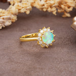 Dainty Vintage Script Background Sun Halo Round Cut Fire Opal Engagement Ring - Additional view