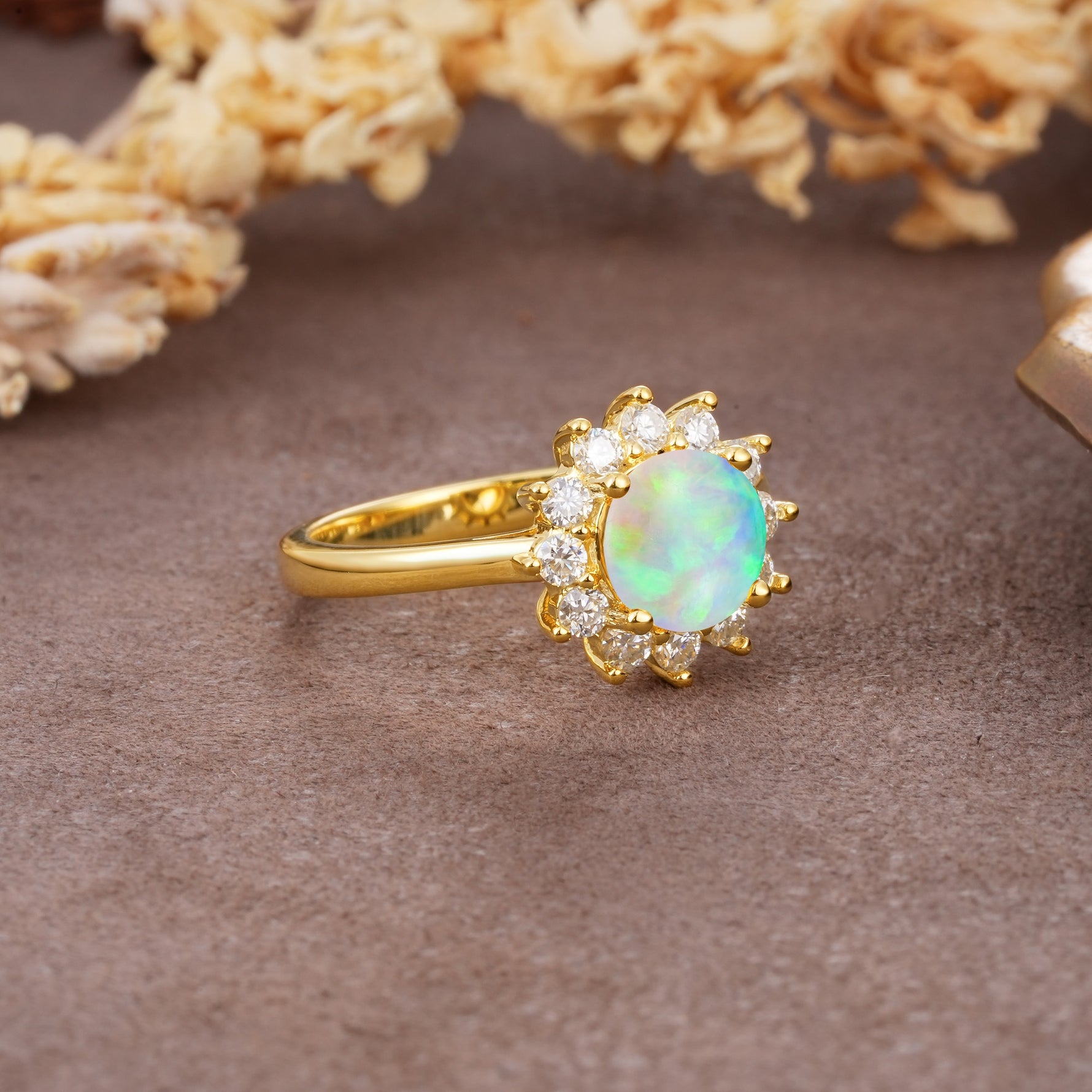 Dainty Vintage Script Background Sun Halo Round Cut Fire Opal Engagement Ring - Additional view