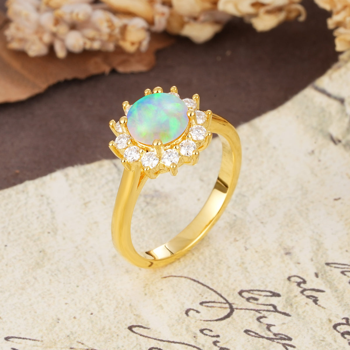 Dainty Vintage Script Background Sun Halo Round Cut Fire Opal Engagement Ring - Additional view