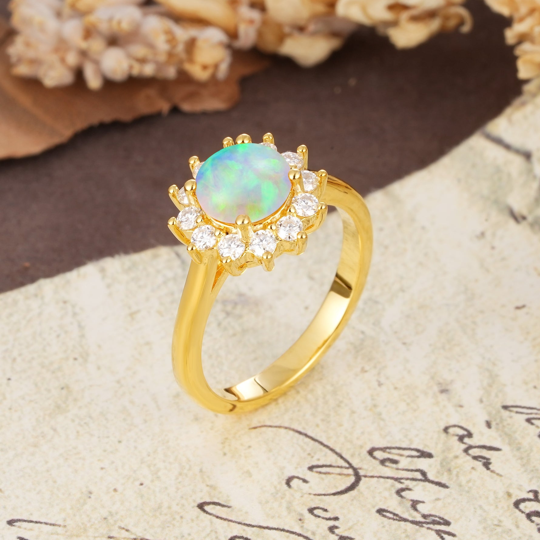 Dainty Vintage Script Background Sun Halo Round Cut Fire Opal Engagement Ring - Additional view