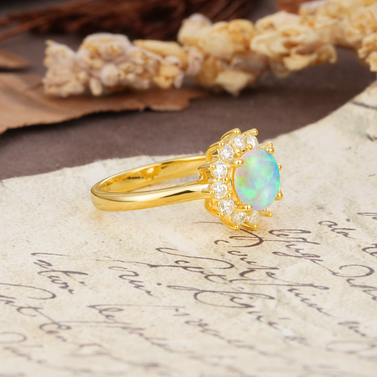 Dainty Vintage Script Background Sun Halo Round Cut Fire Opal Engagement Ring - Additional view
