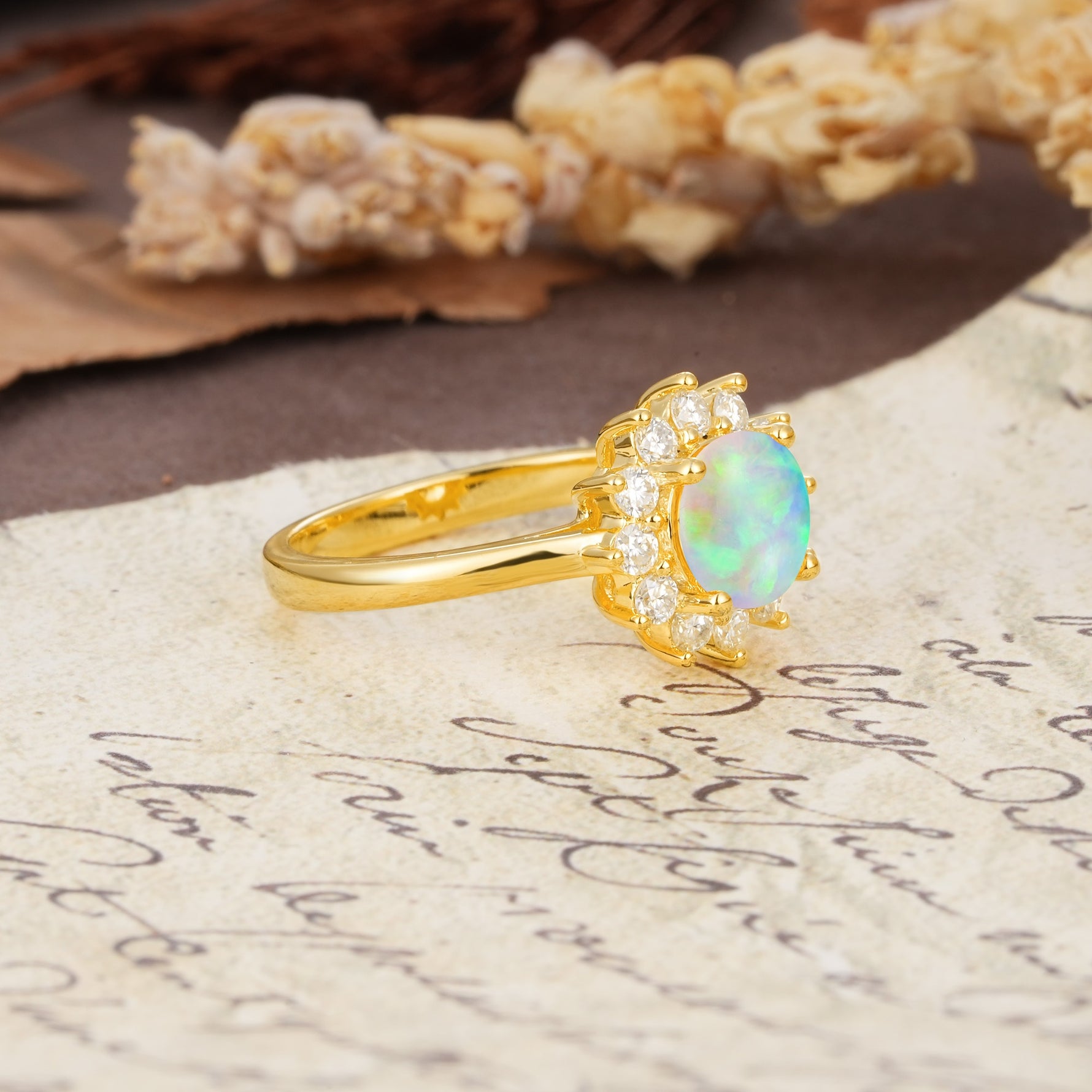 Dainty Vintage Script Background Sun Halo Round Cut Fire Opal Engagement Ring - Additional view