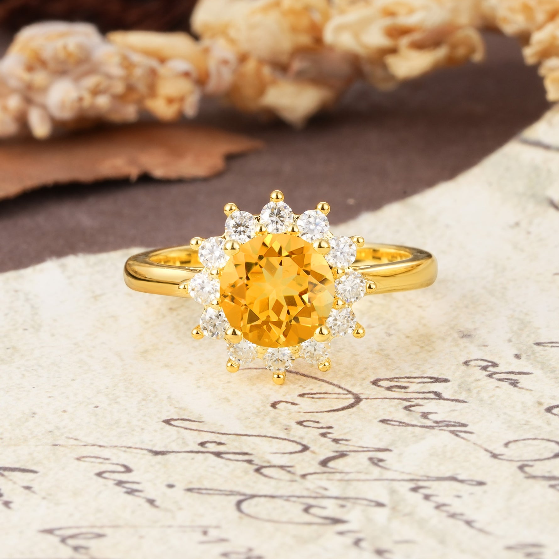 Dainty Vintage Script Background Sun Halo Round Cut Citrine Engagement Ring - Additional view