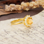 Dainty Vintage Script Background Sun Halo Round Cut Citrine Engagement Ring - Additional view
