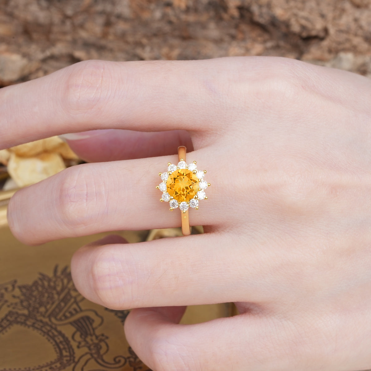 Dainty Vintage Script Background Sun Halo Round Cut Citrine Engagement Ring - Additional view