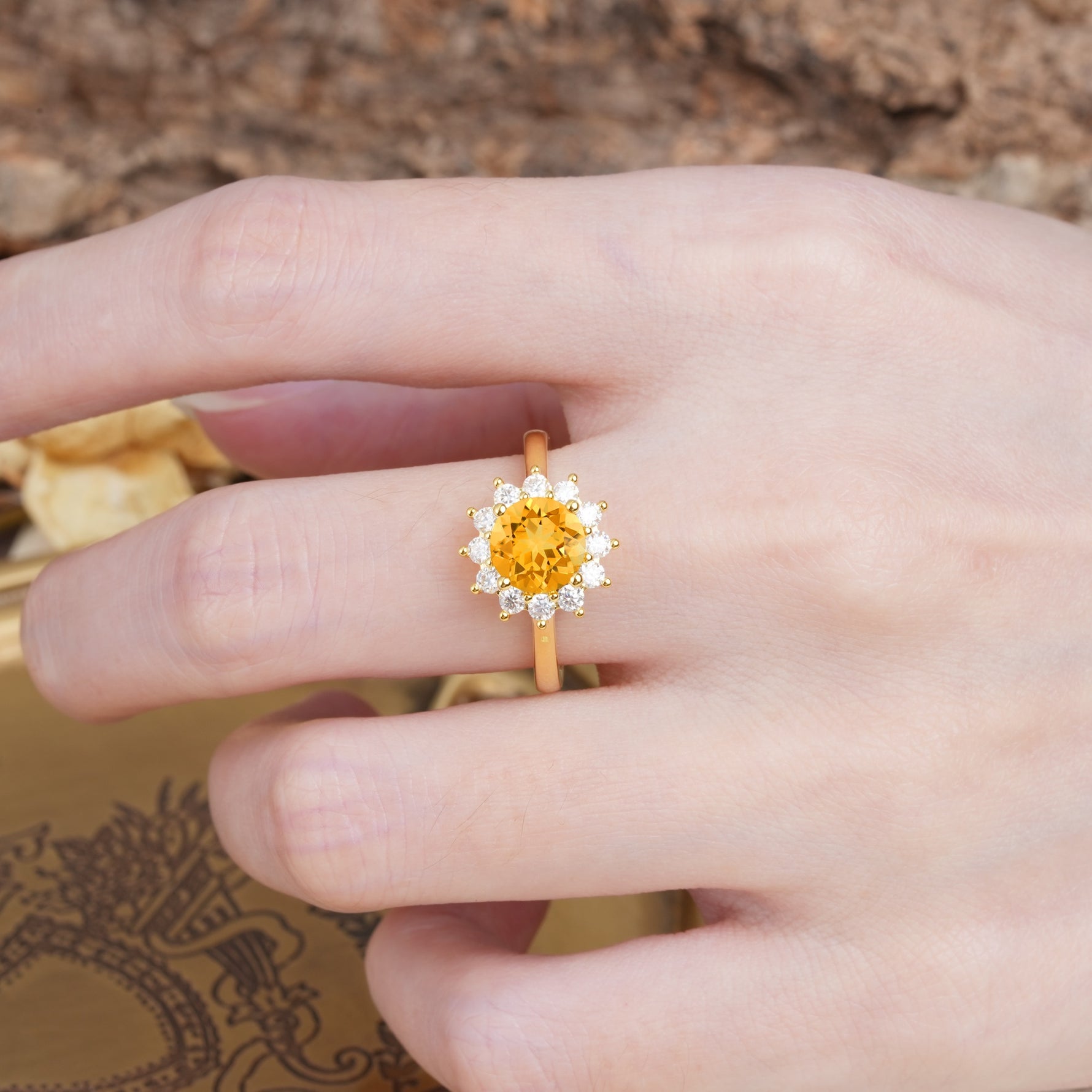 Dainty Vintage Script Background Sun Halo Round Cut Citrine Engagement Ring - Additional view
