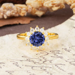 Dainty Vintage Script Background Sun Halo Round Cut Tanzanite Engagement Ring - Additional view