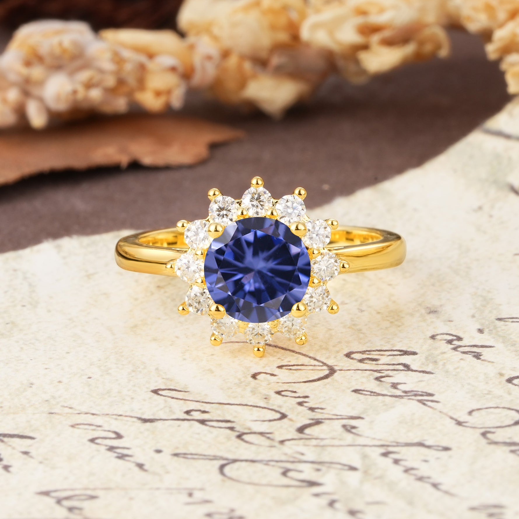 Dainty Vintage Script Background Sun Halo Round Cut Tanzanite Engagement Ring - Additional view