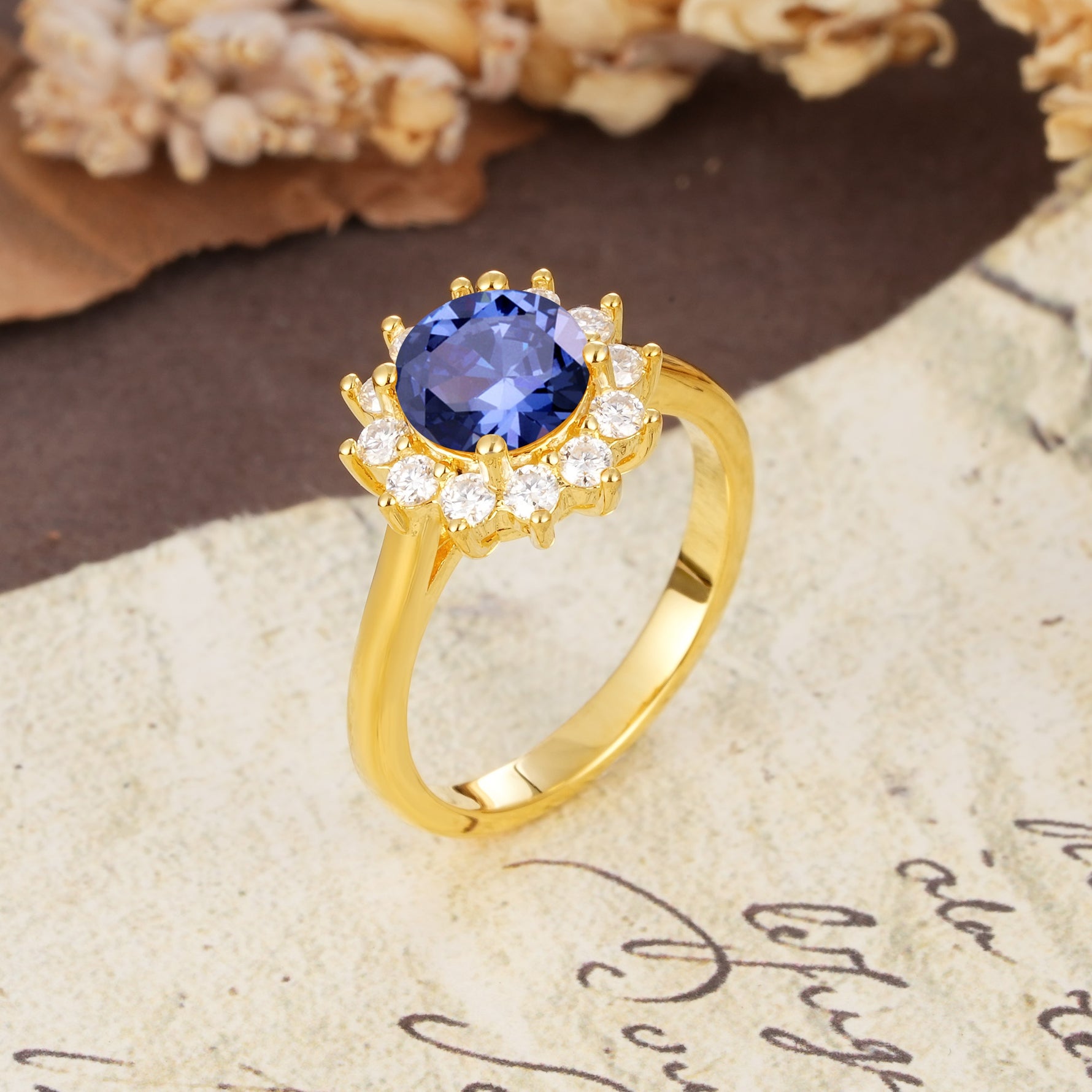 Dainty Vintage Script Background Sun Halo Round Cut Tanzanite Engagement Ring - Additional view