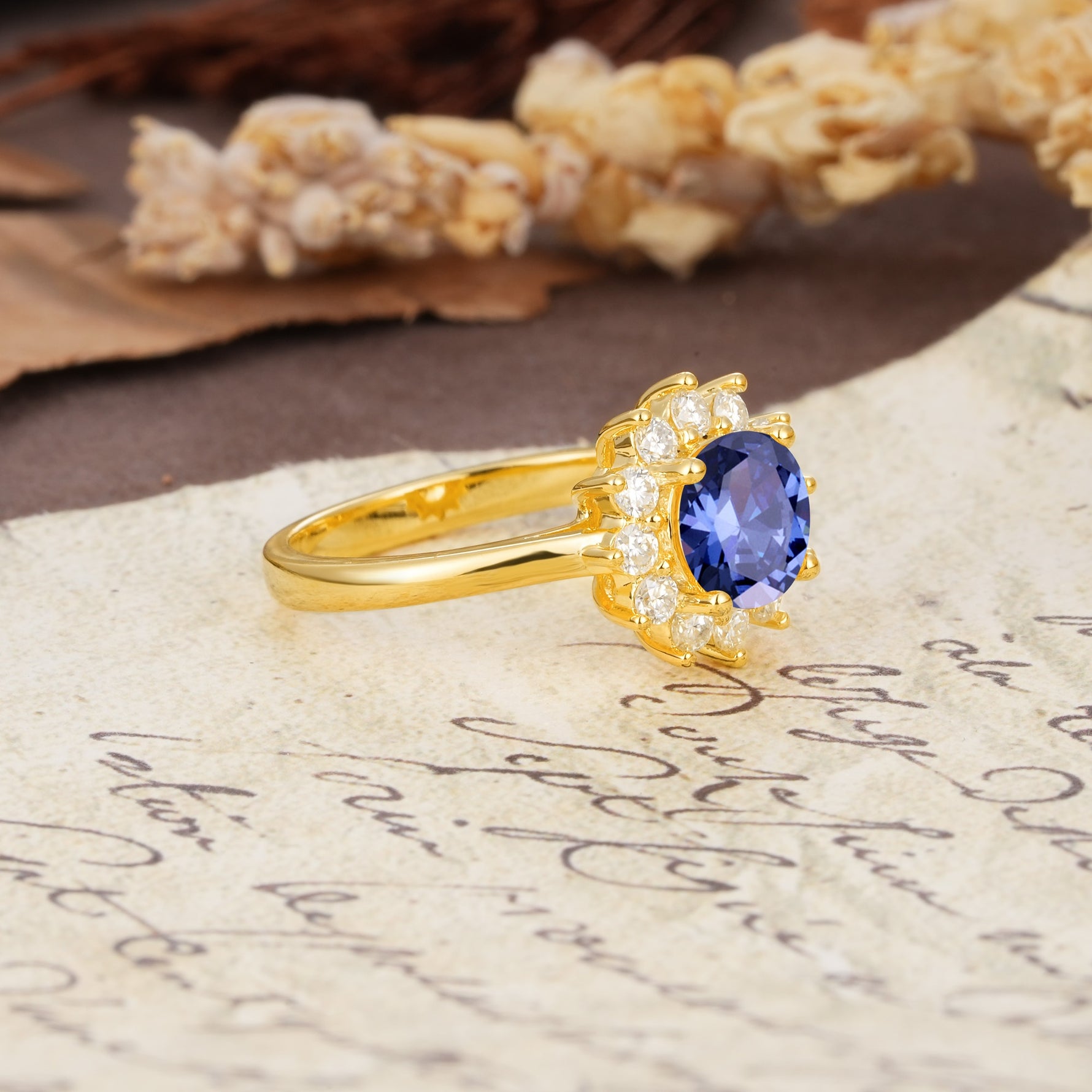 Dainty Vintage Script Background Sun Halo Round Cut Tanzanite Engagement Ring - Additional view