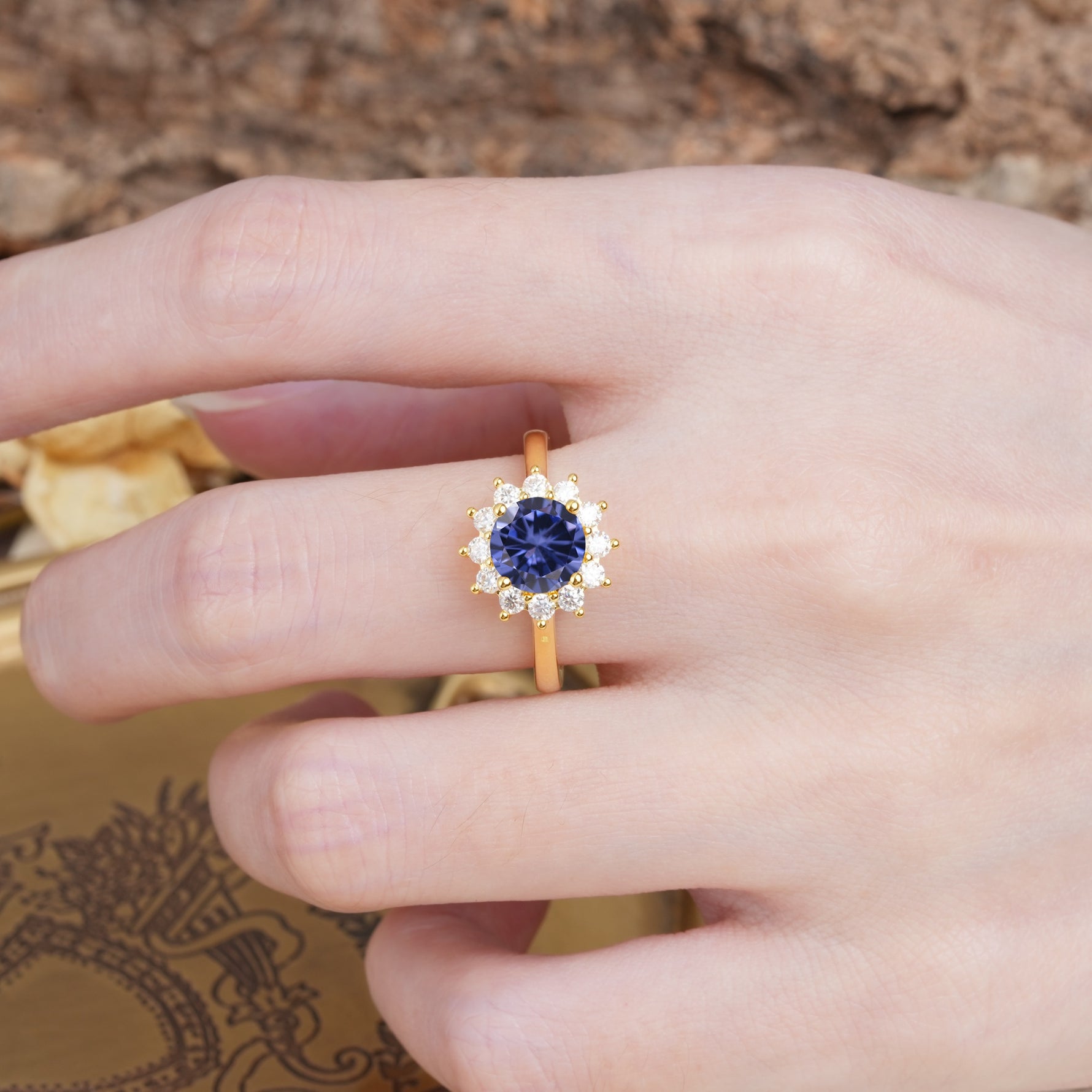 Dainty Vintage Script Background Sun Halo Round Cut Tanzanite Engagement Ring - Additional view