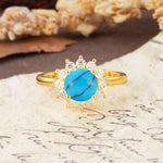 Dainty Vintage Script Background Sun Halo Round Cut Turquoise Engagement Ring - Additional view