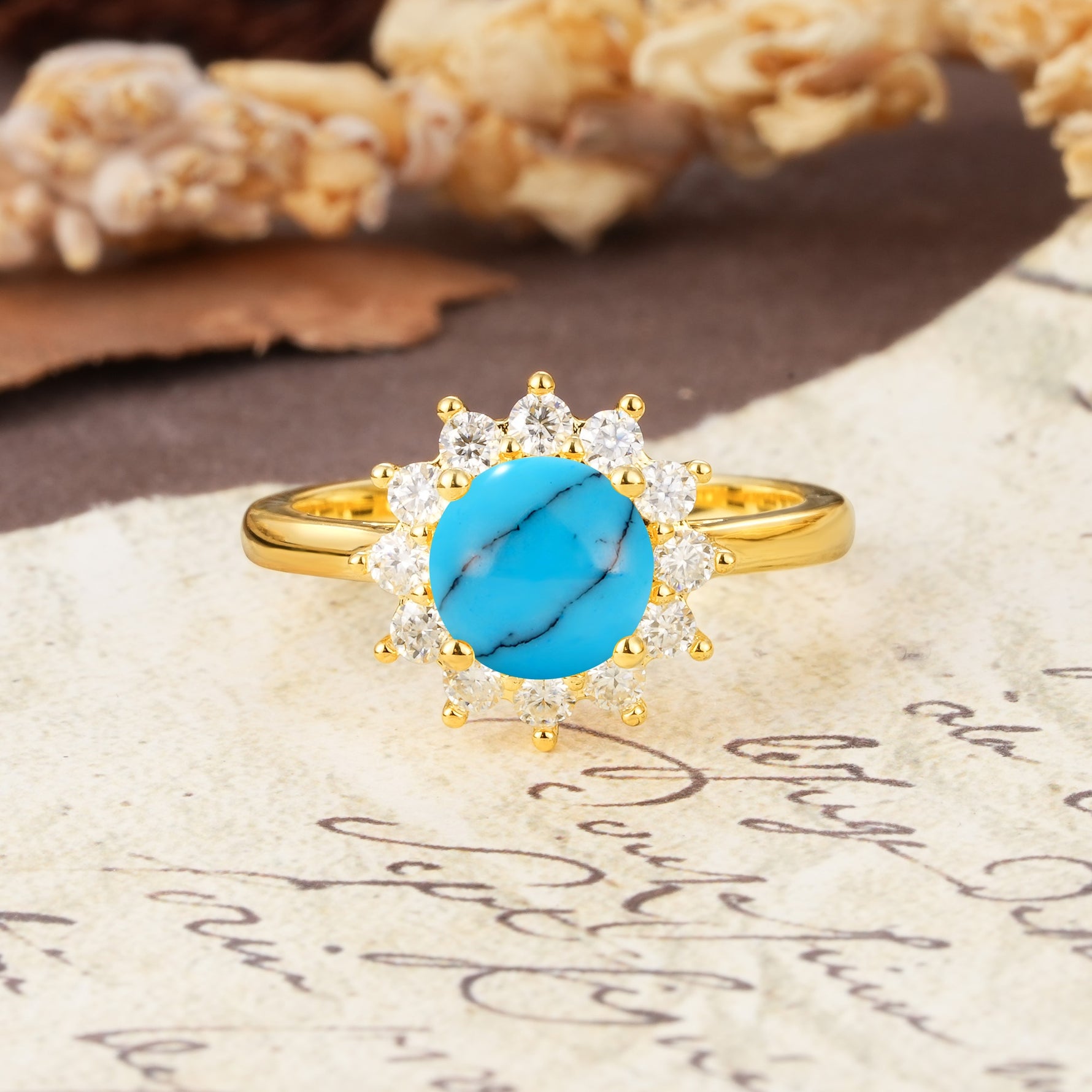 Dainty Vintage Script Background Sun Halo Round Cut Turquoise Engagement Ring - Additional view
