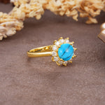 Dainty Vintage Script Background Sun Halo Round Cut Turquoise Engagement Ring - Additional view