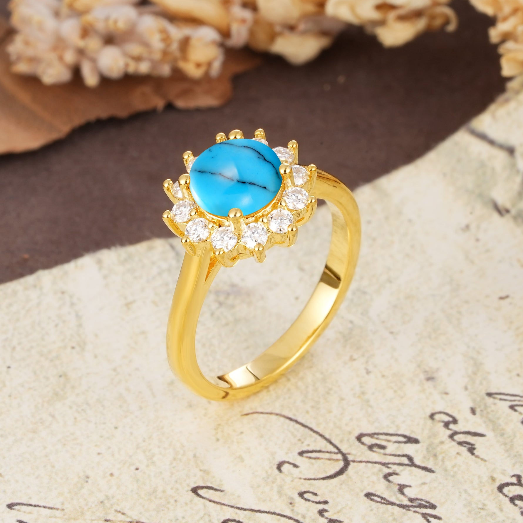 Dainty Vintage Script Background Sun Halo Round Cut Turquoise Engagement Ring - Additional view