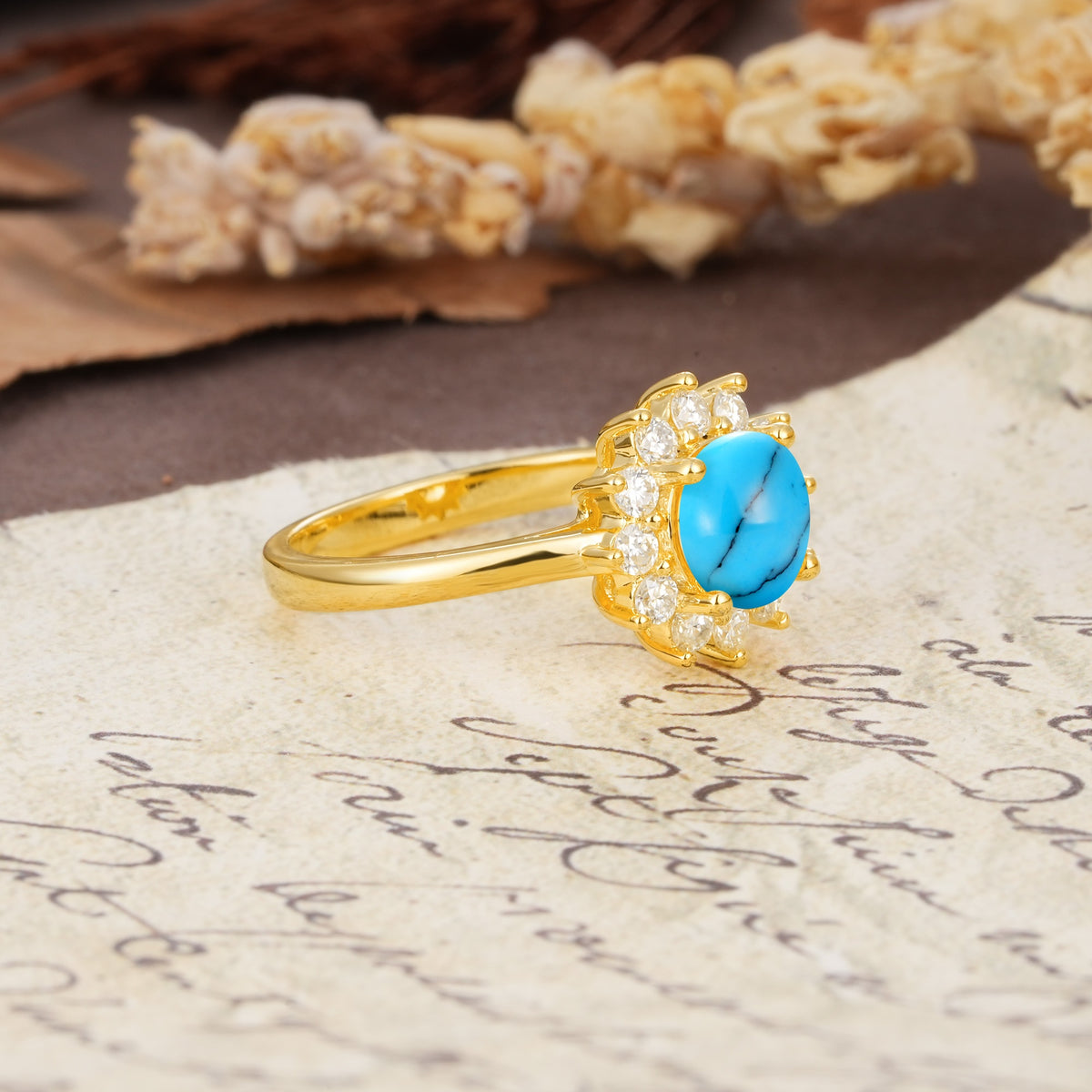 Dainty Vintage Script Background Sun Halo Round Cut Turquoise Engagement Ring - Additional view