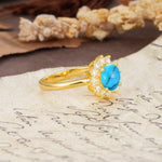 Dainty Vintage Script Background Sun Halo Round Cut Turquoise Engagement Ring - Additional view