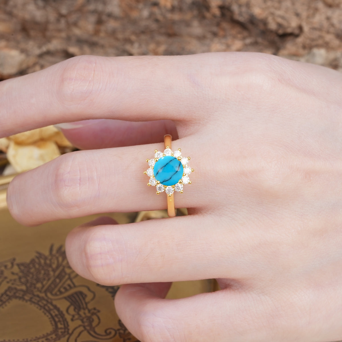 Dainty Vintage Script Background Sun Halo Round Cut Turquoise Engagement Ring - Additional view