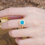 Dainty Vintage Script Background Sun Halo Round Cut Turquoise Engagement Ring - Additional view