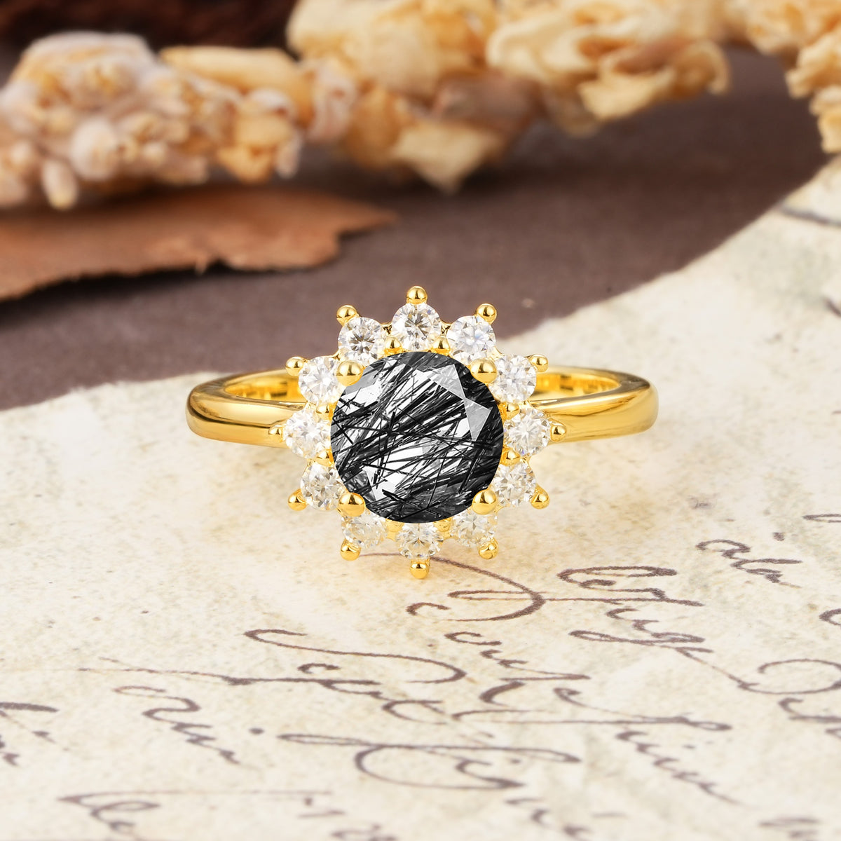 Dainty Vintage Script Background Sun Halo Round Cut Black Rutilated Quartz Engagement Ring - Additional view